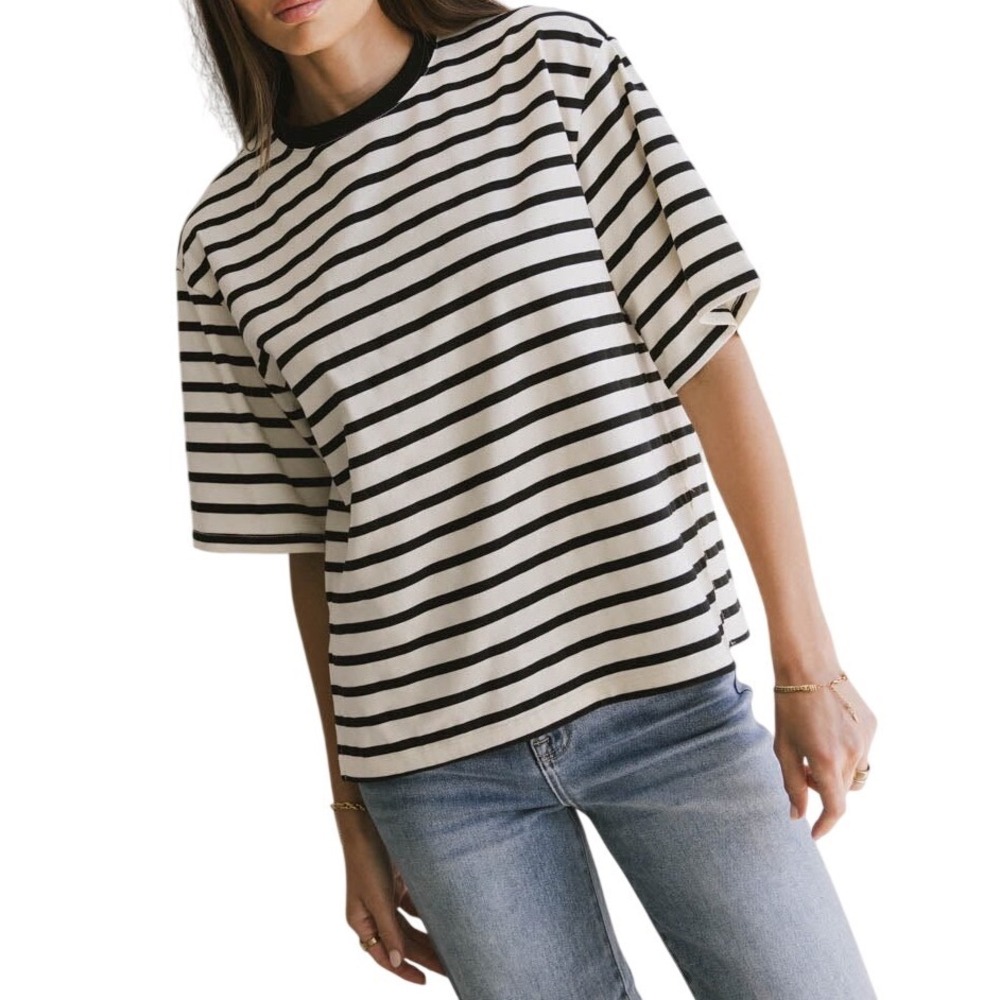 Bohme Women Freddie White Black Striped Crew Neck Half Sleeve T-Shirt Large Boxy